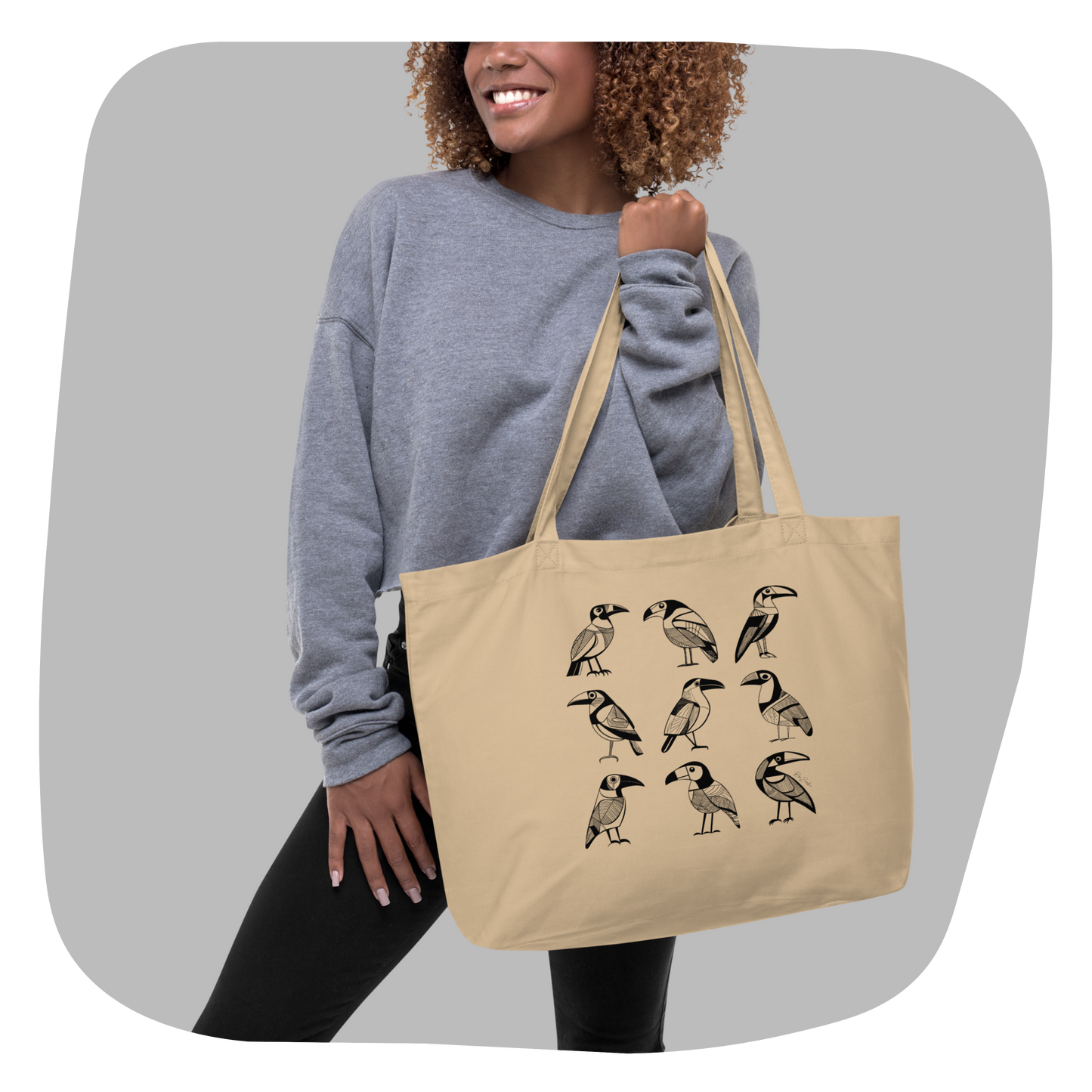 Grand sac tote beige en coton bio Bella - Motif d'oiseaux - rose zombie