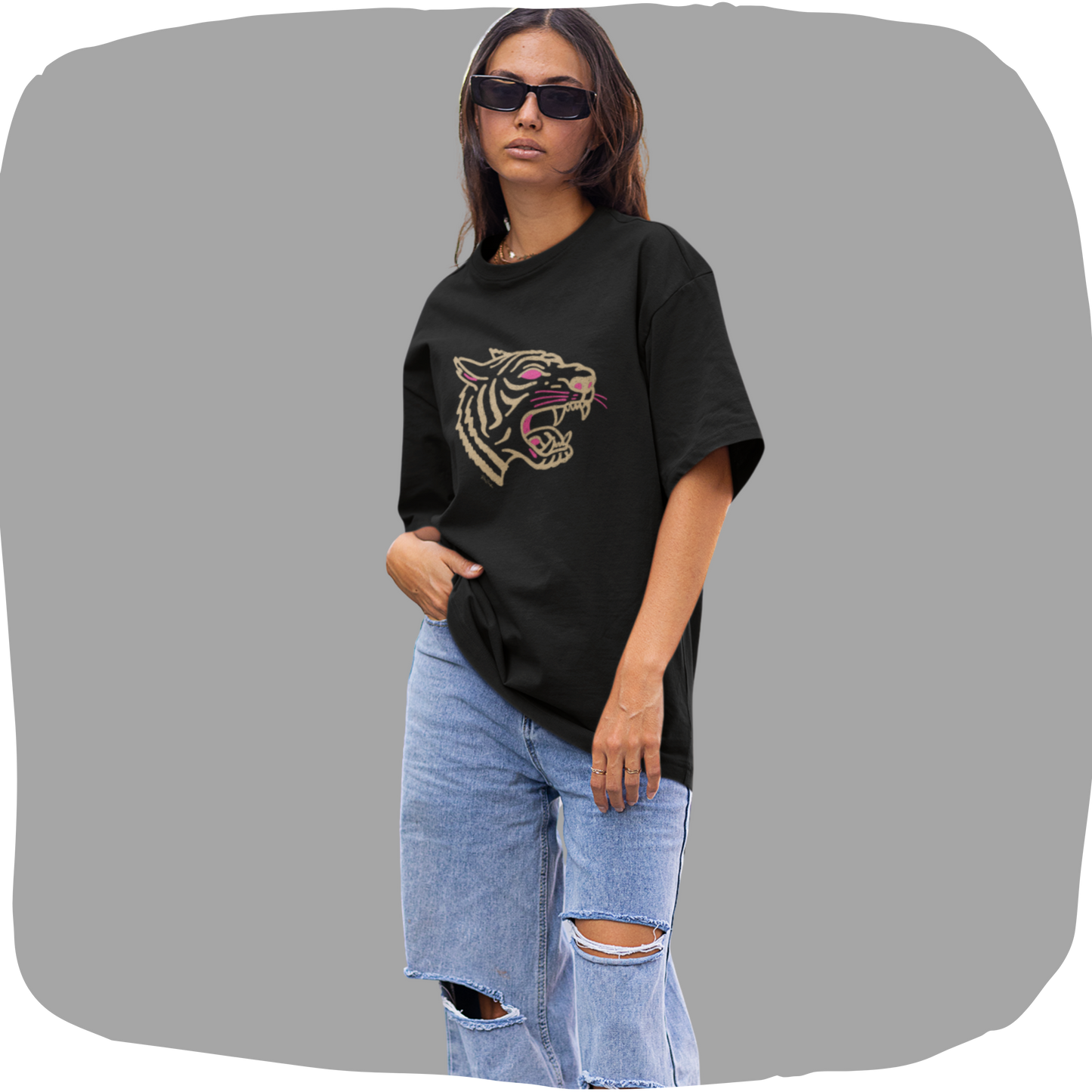 T-shirt oversized noir en coton bio – Motif de tête de tigre sauvage