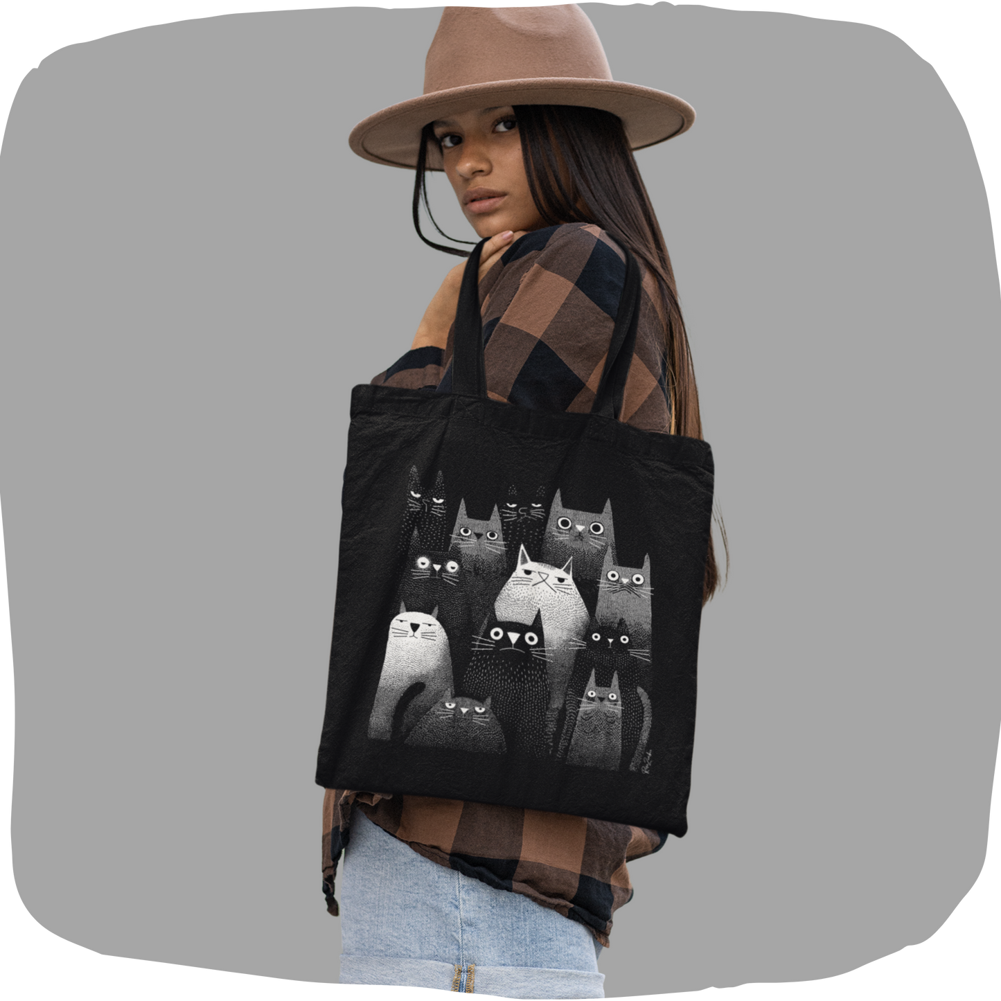 Sac tote en matériaux recyclés - Chats graphiques en noir et blanc