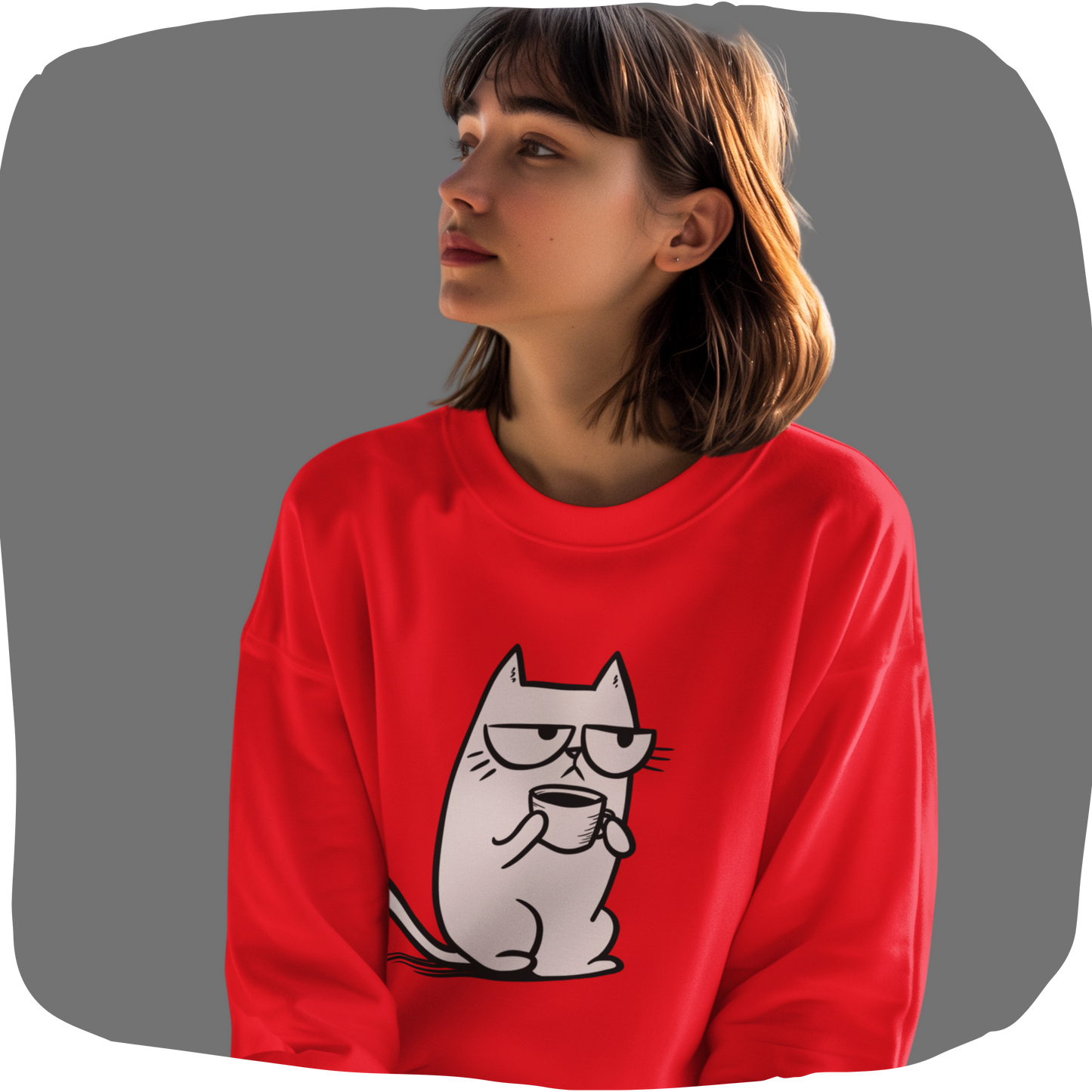 Pull prérétréci écoresponsable – Chat blasé et tasse de café