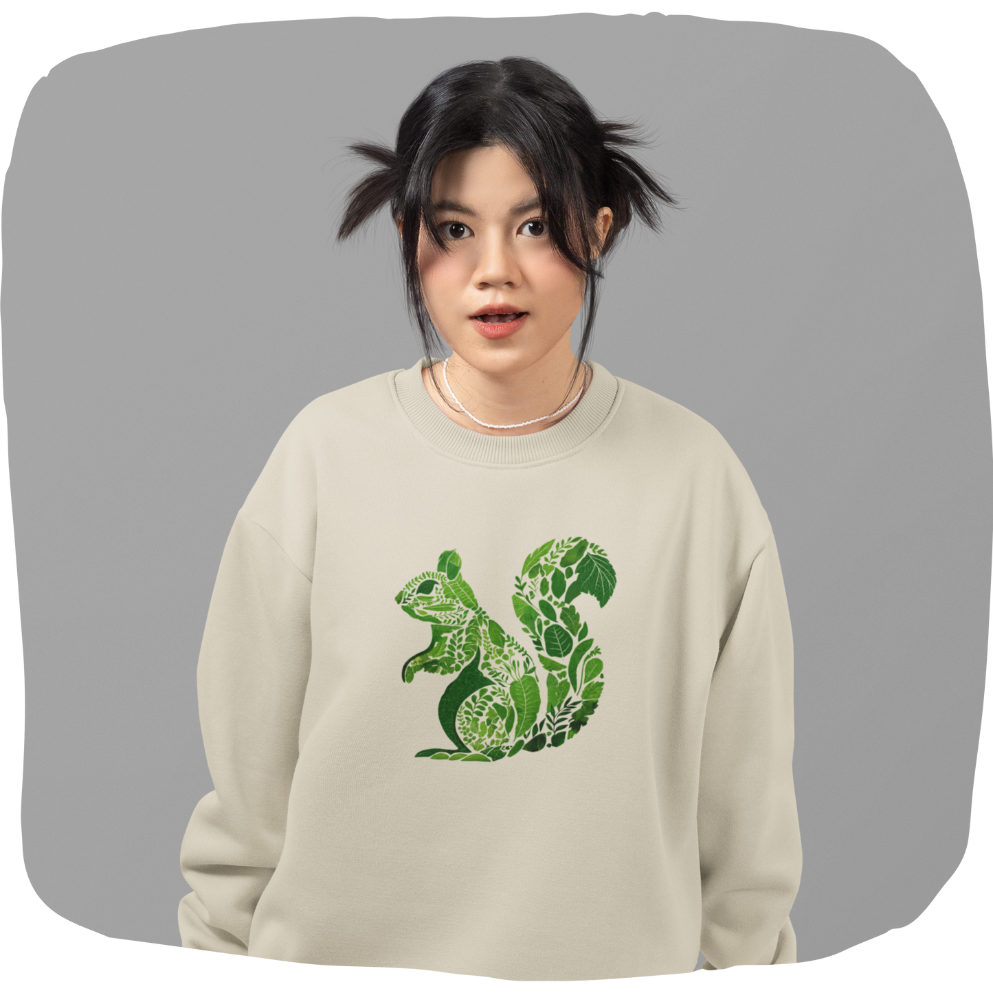 Pull en coton écolo – Feuilles vertes en forme d'écureuil