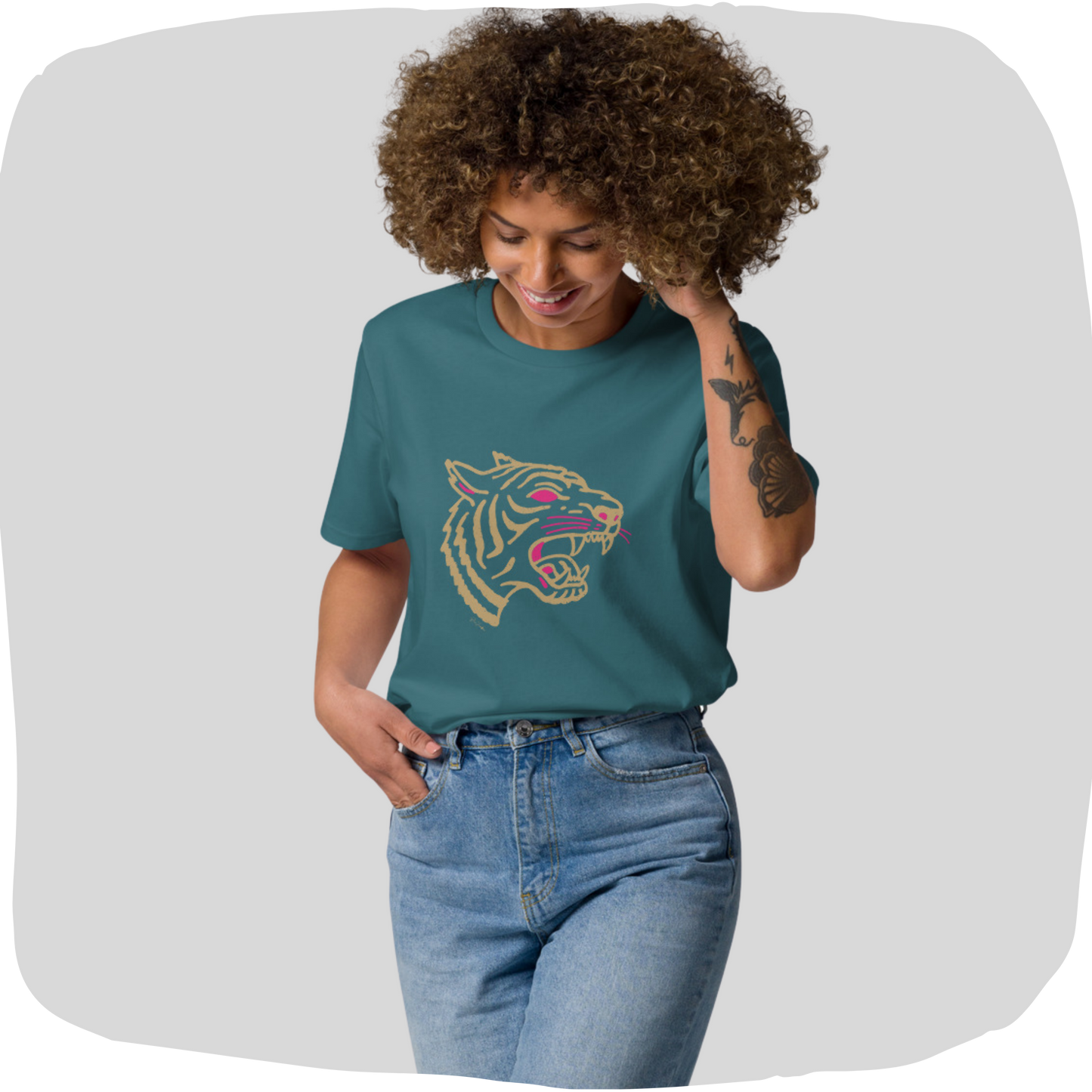 T-shirt en coton biologique - Motif tête de tigre rugissant