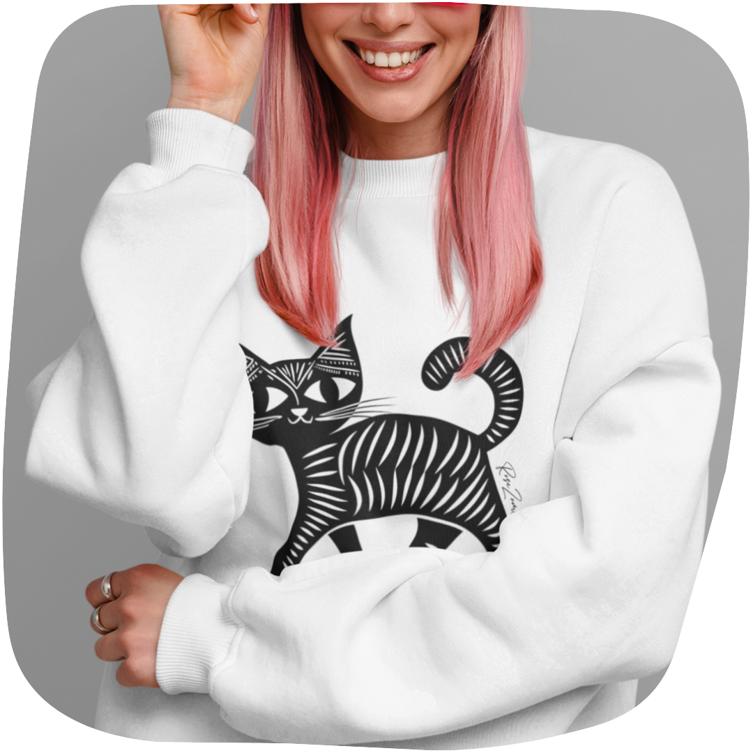 Pull surdimensionné en coton bio - Motif de chat - rose zombie