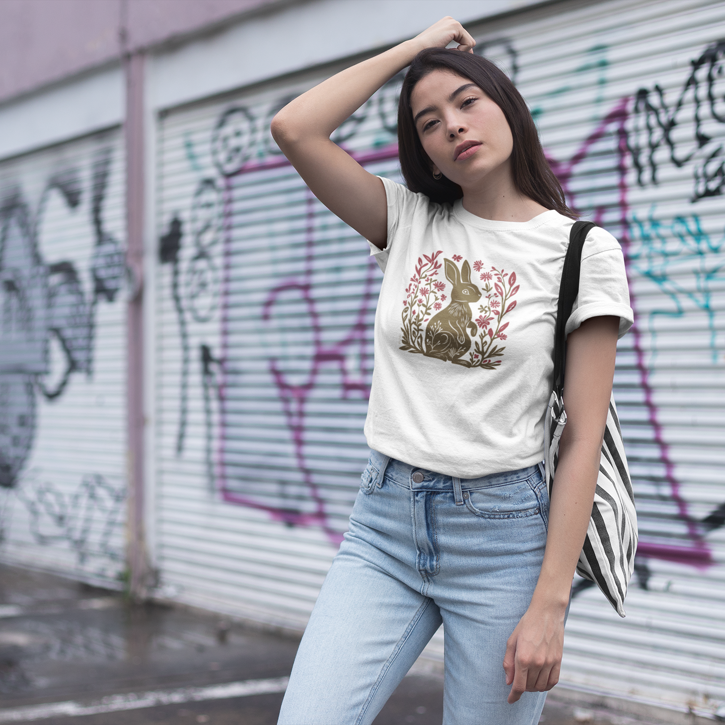 T-shirt en coton bio - Motif de lapin - rose zombie