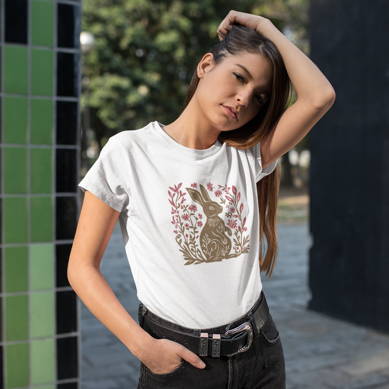 T-shirt en coton bio - Motif de lapin - rose zombie