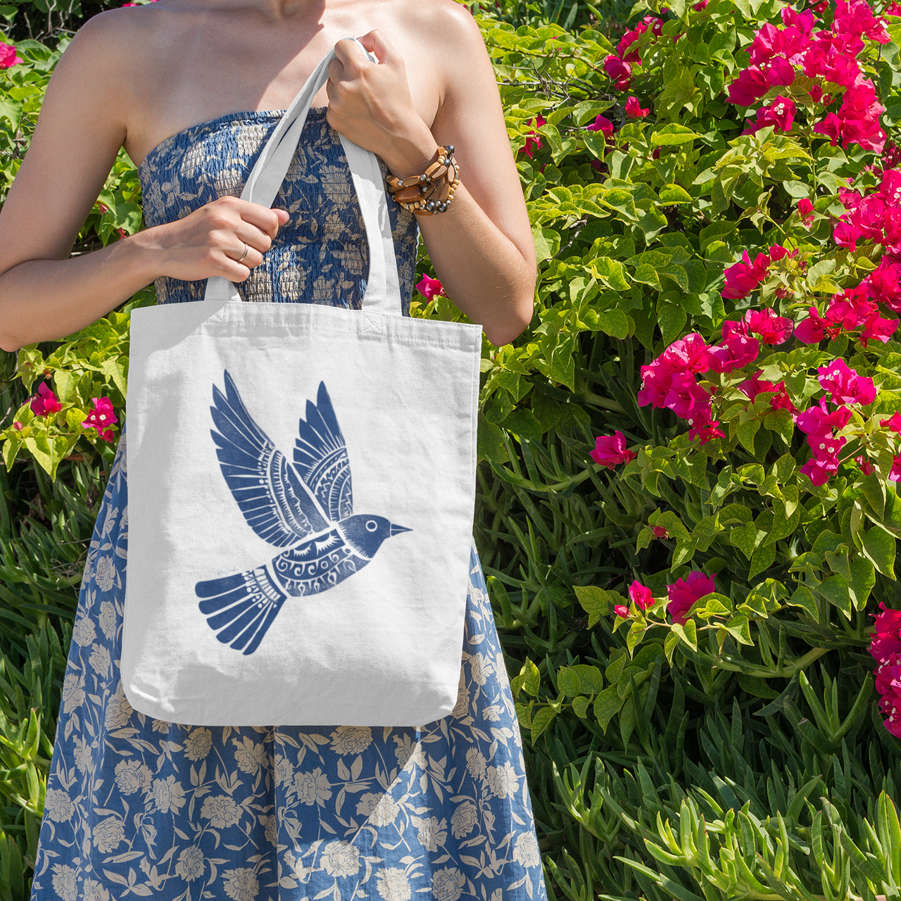 Sac tote en matériaux recyclés - Imprimé d'oiseau style linogravure