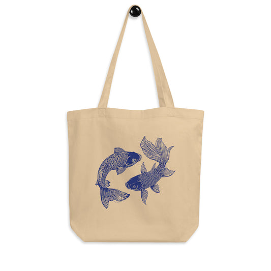 Sac tote beige en coton bio - Imprimé de poissons style sérigraphie