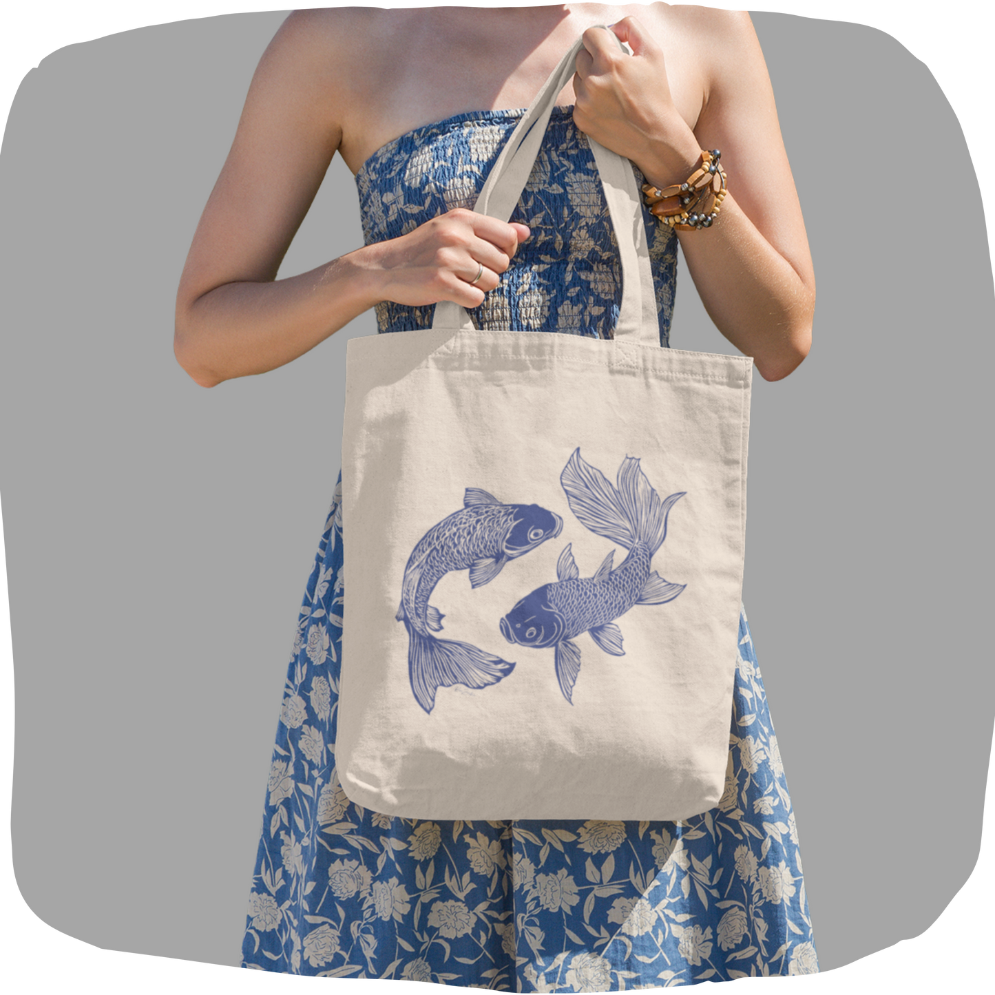 Sac tote beige en coton bio - Imprimé de poissons style sérigraphie