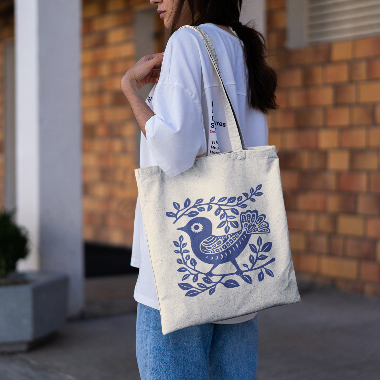 Sac tote beige en coton bio - Motif artistique d'oiseau - rose zombie