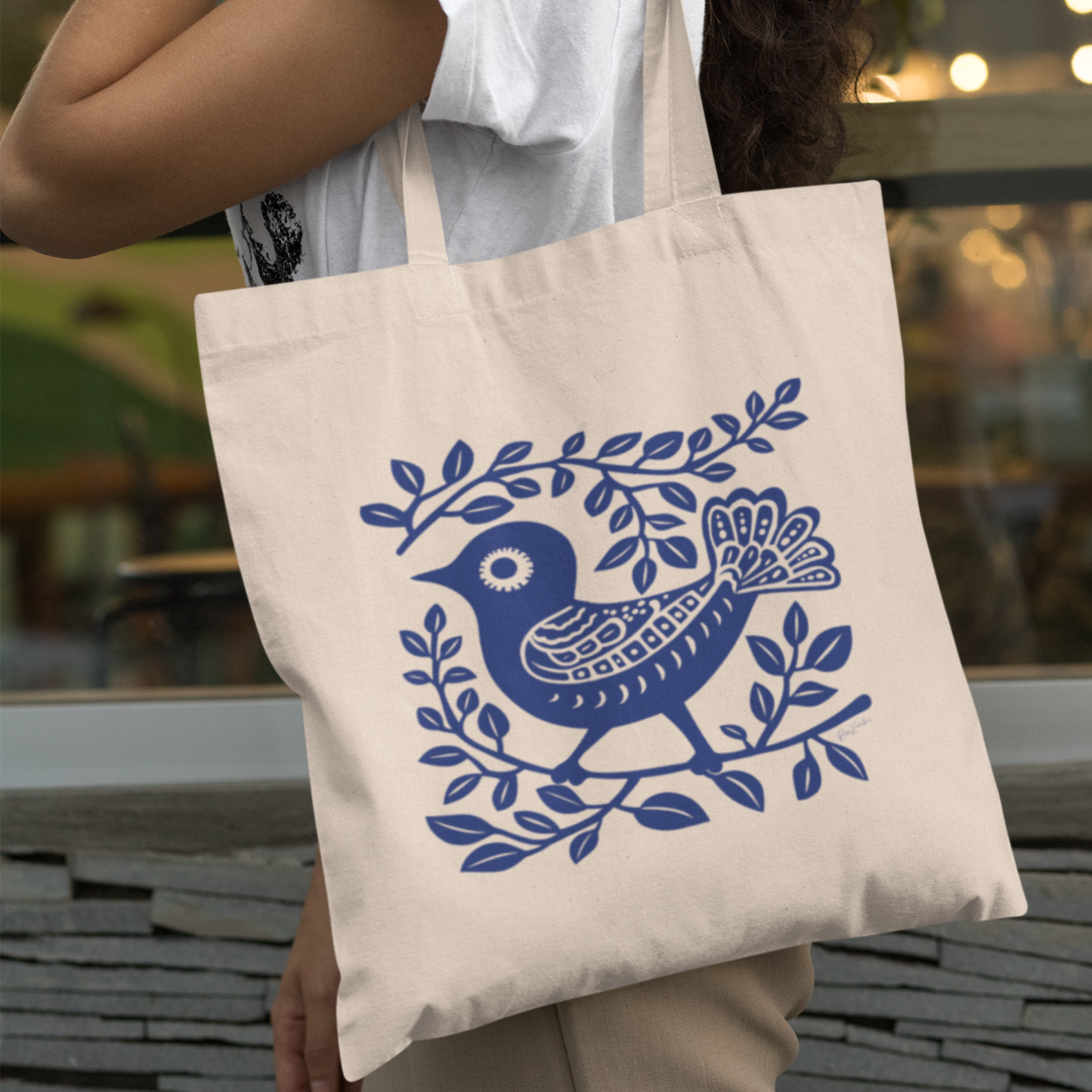 Sac tote beige en coton bio - Motif artistique d'oiseau - rose zombie