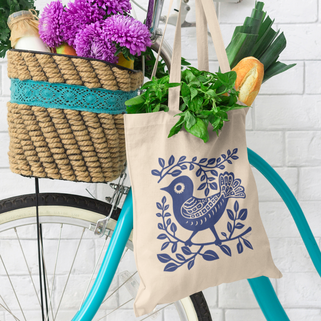 Sac tote beige en coton bio - Motif artistique d'oiseau - rose zombie