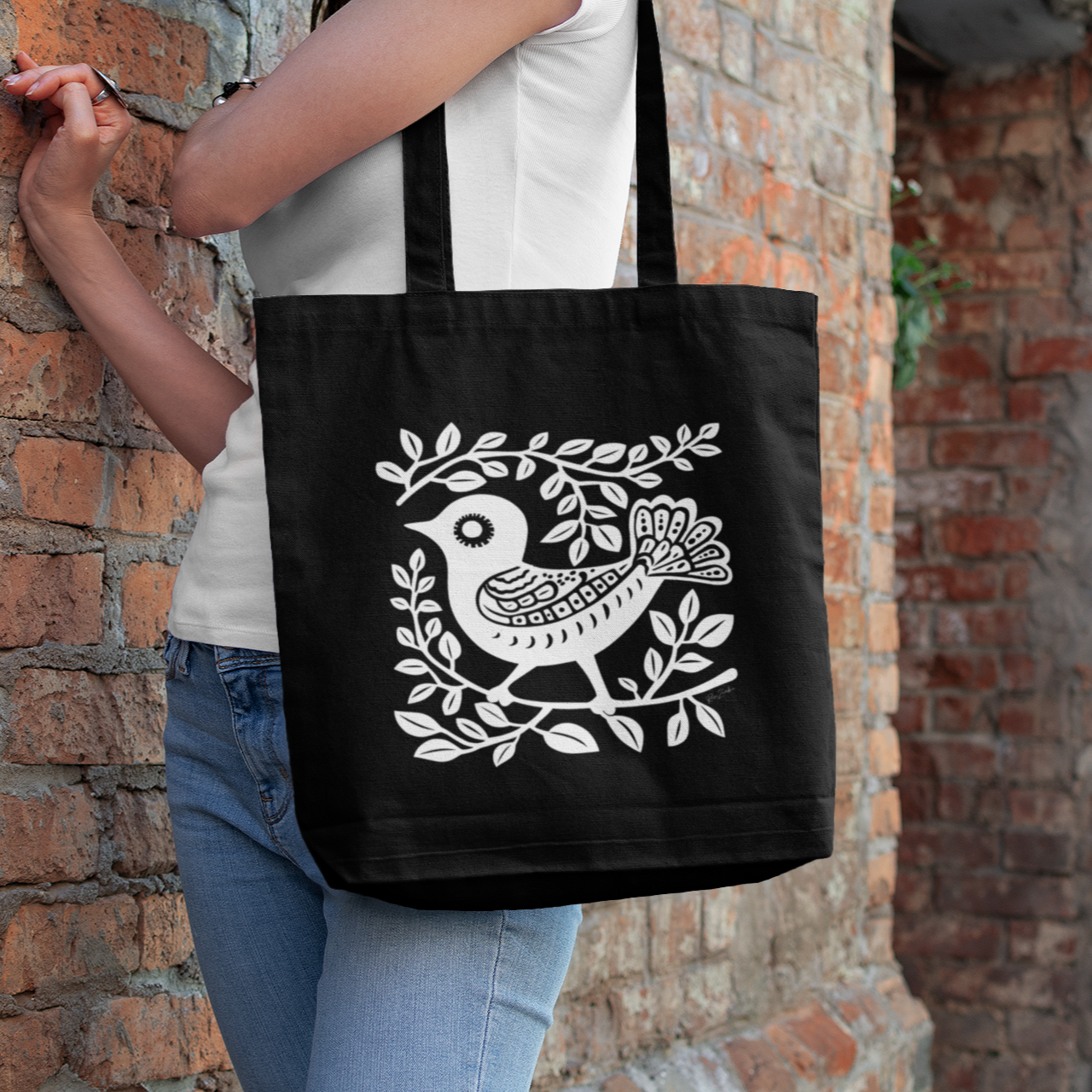 Sac tote noir en coton bio - Motif artistique d'oiseau - rose zombie