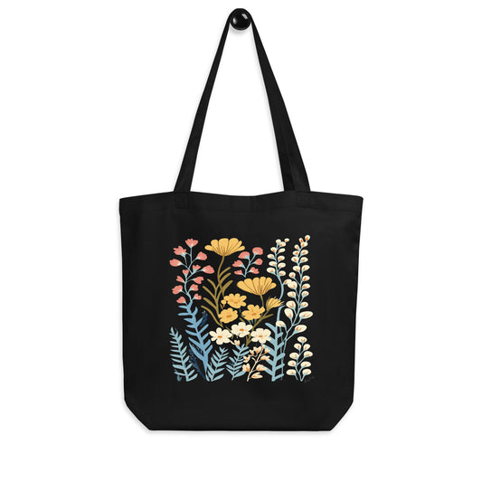 Black ecofriendly organic cotton tote bag with flowers