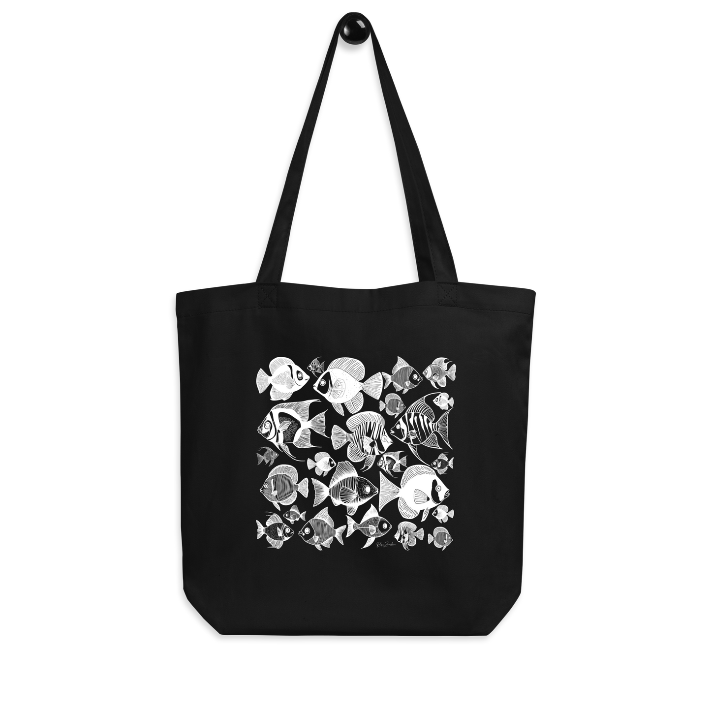 Sac tote noir en coton bio Mako - Motif marin - rose zombie