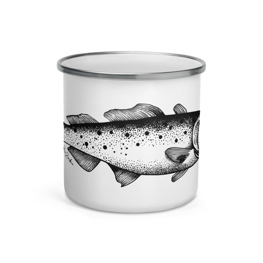 Tasse émaillée noir et blanc — Truite mouchetée en illustration dotwork