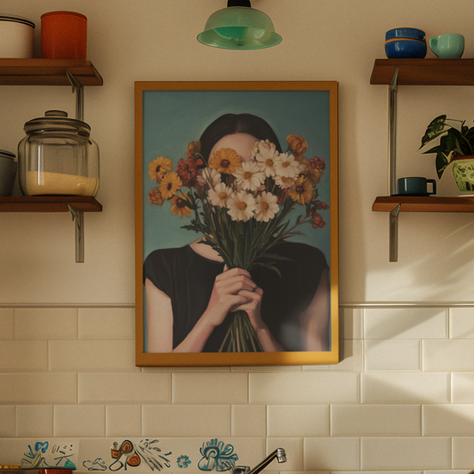 Poster imprimé style peinture d'une jeune femme avec un bouquet de fleurs