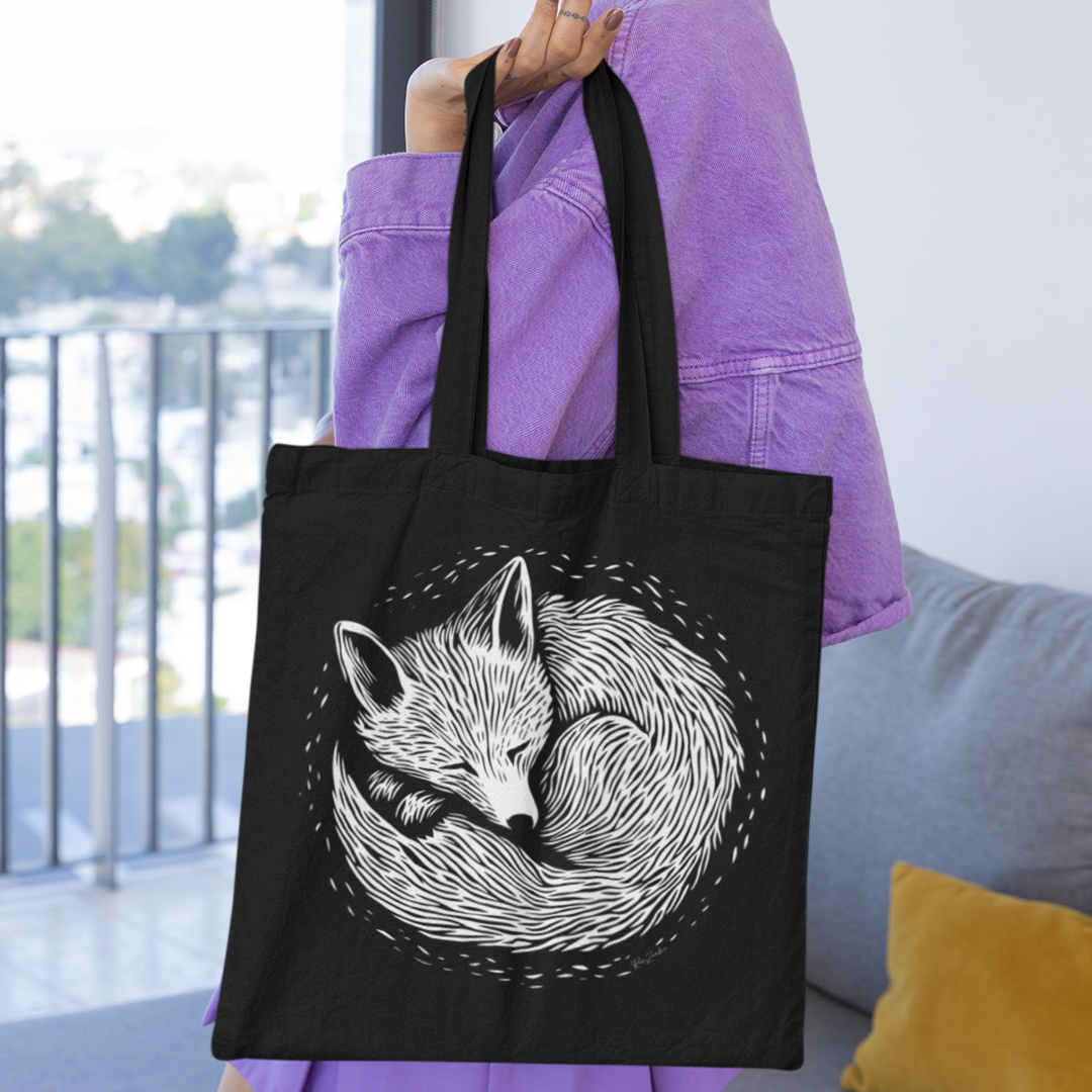 Sac tote noir en coton recyclé Foxy - Motif animalier - rose zombie