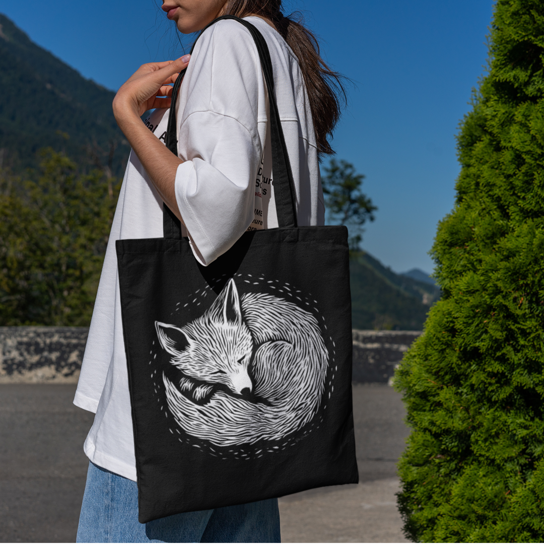 Sac tote noir en coton recyclé Foxy - Motif animalier - rose zombie