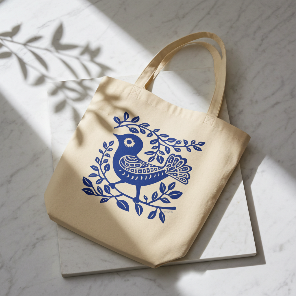 Sustainable beige organic cotton tote bag - Bird art print