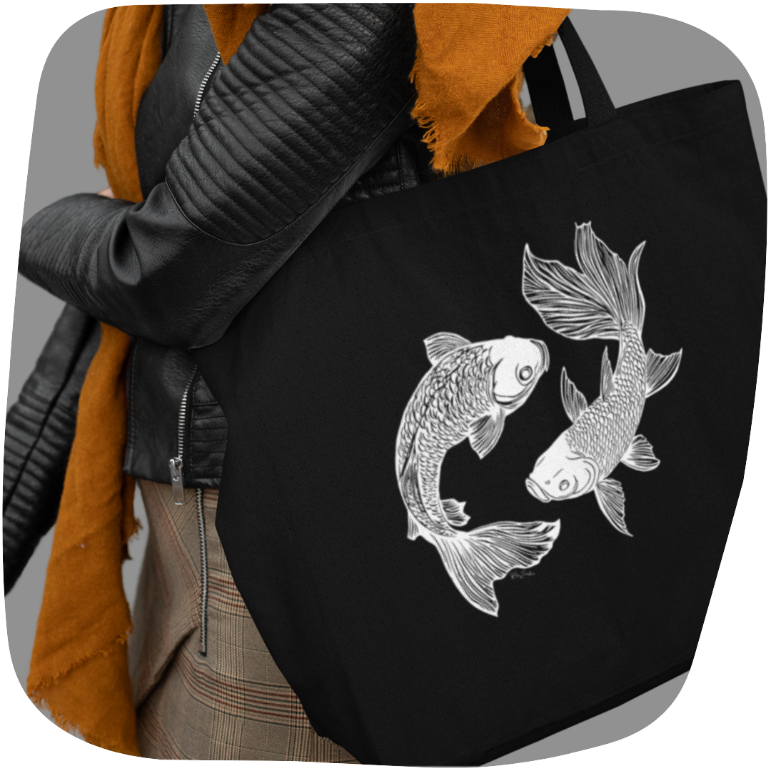 Grand sac tote noir en coton bio - Imprimé de poissons