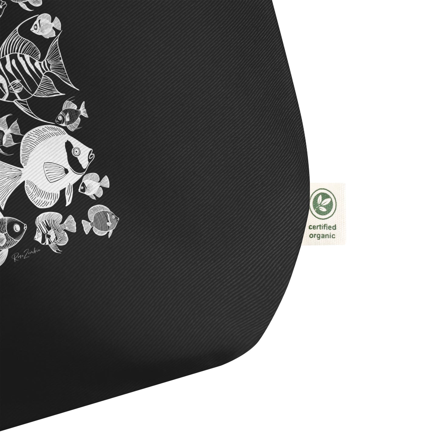 Sac tote noir en coton bio Mako - Motif marin - rose zombie