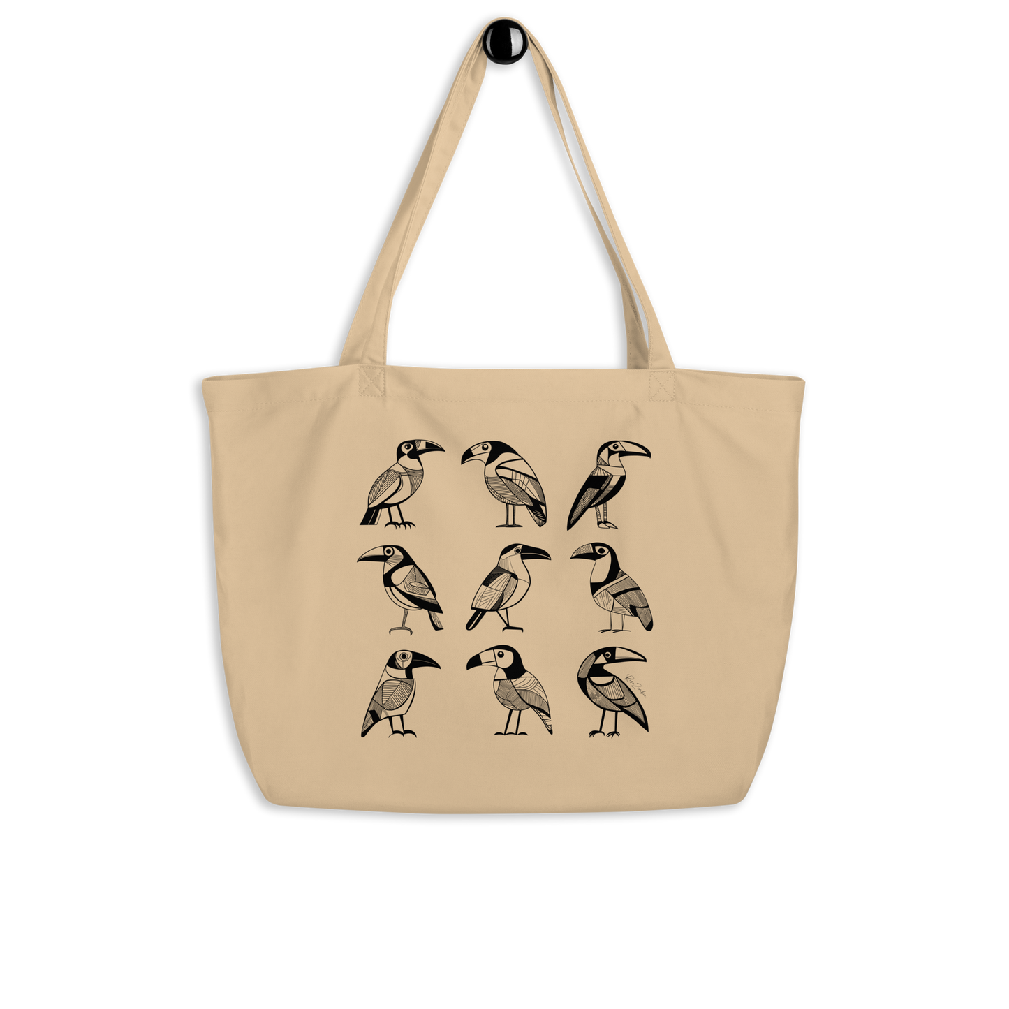 Grand sac tote beige en coton bio Bella - Motif d'oiseaux - rose zombie