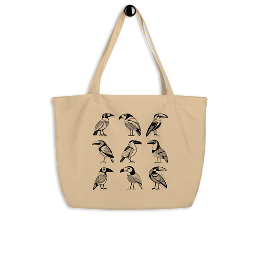 Grand sac tote beige en coton bio Bella - Motif d'oiseaux - rose zombie