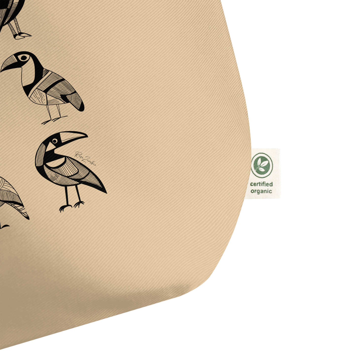 Grand sac tote beige en coton bio Bella - Motif d'oiseaux - rose zombie