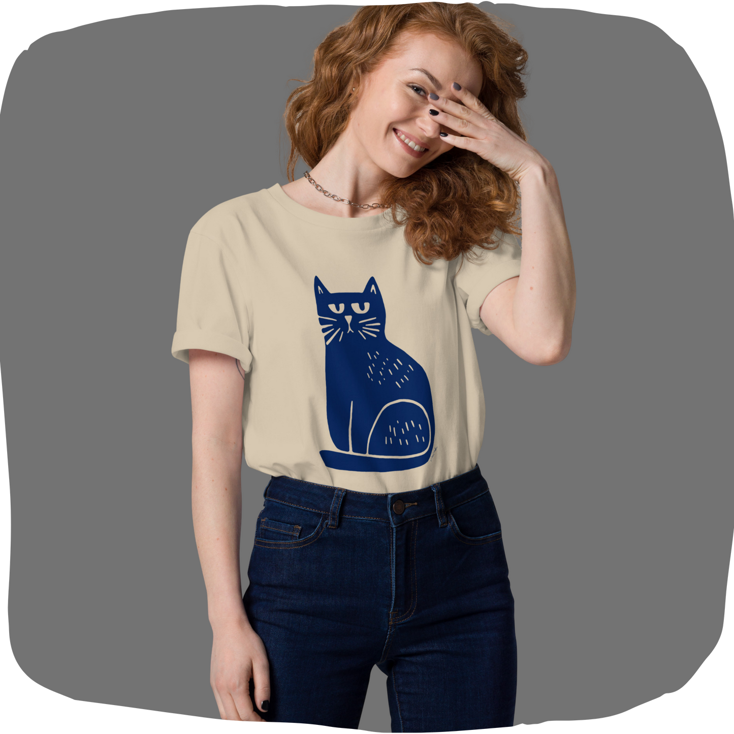 T-shirt en coton bio – Illustration chat minimaliste bleu marine