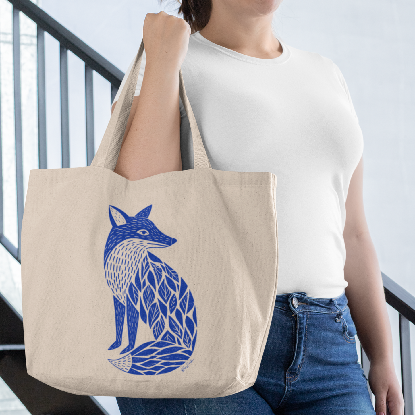 Sac tote écolo — Renard linogravure bleu cobalt