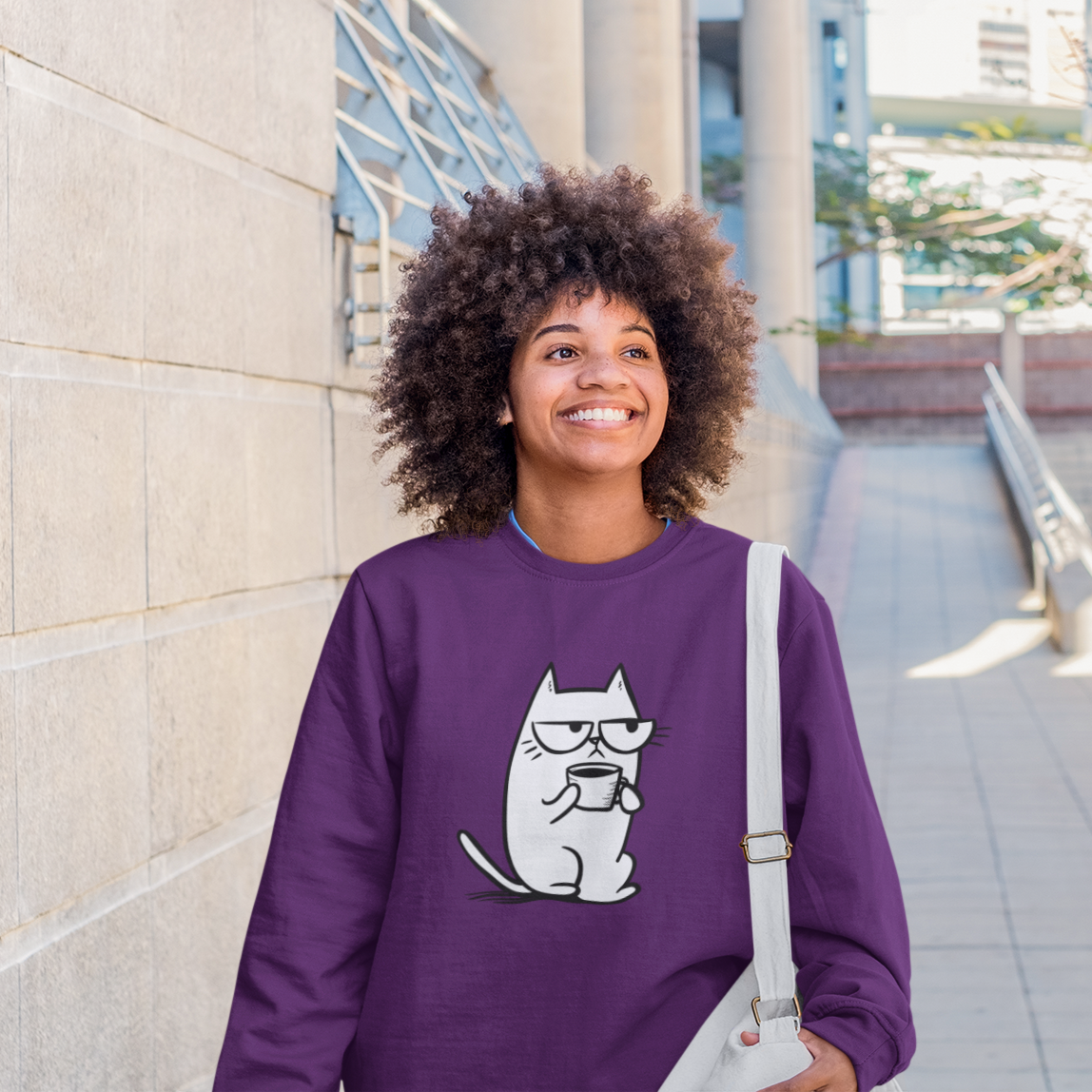 Pull prérétréci écoresponsable – Chat blasé et tasse de café