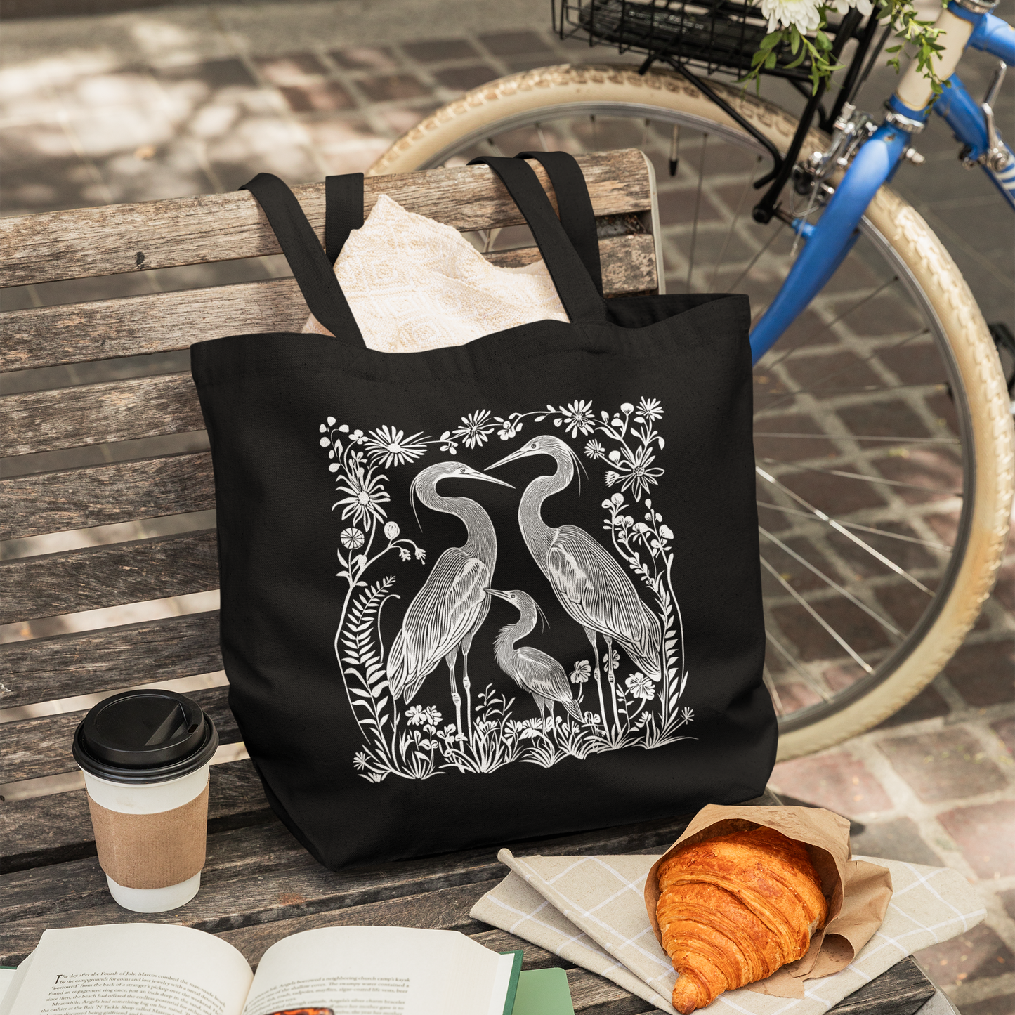 Sac en coton écolo noir - Imprimé de hérons