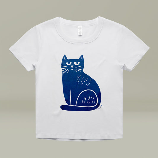 Camiseta corta de algodón orgánico preencogido - Estampado de gato juguetón
