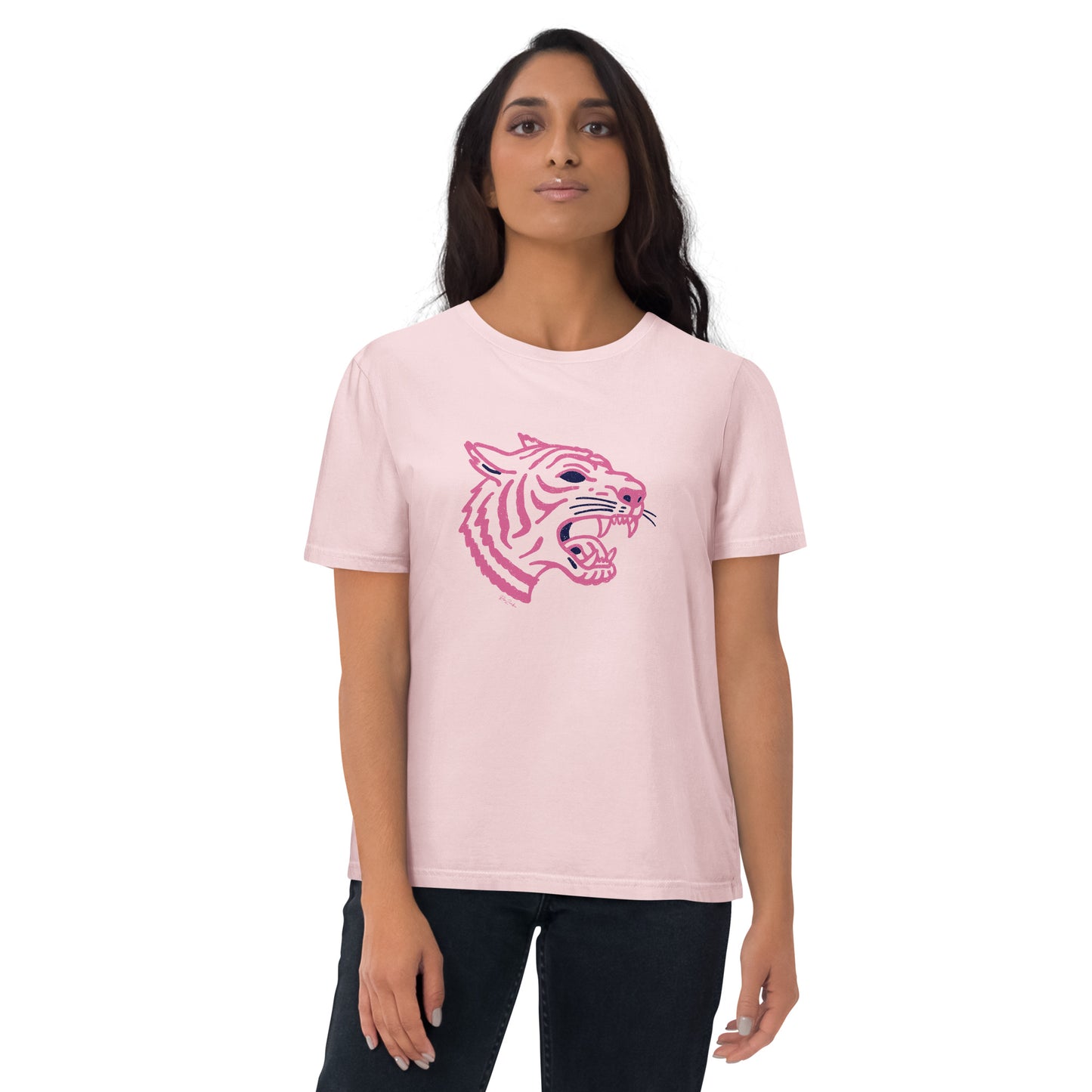 T-shirt en coton biologique - Imprimé de tête de tigre rose