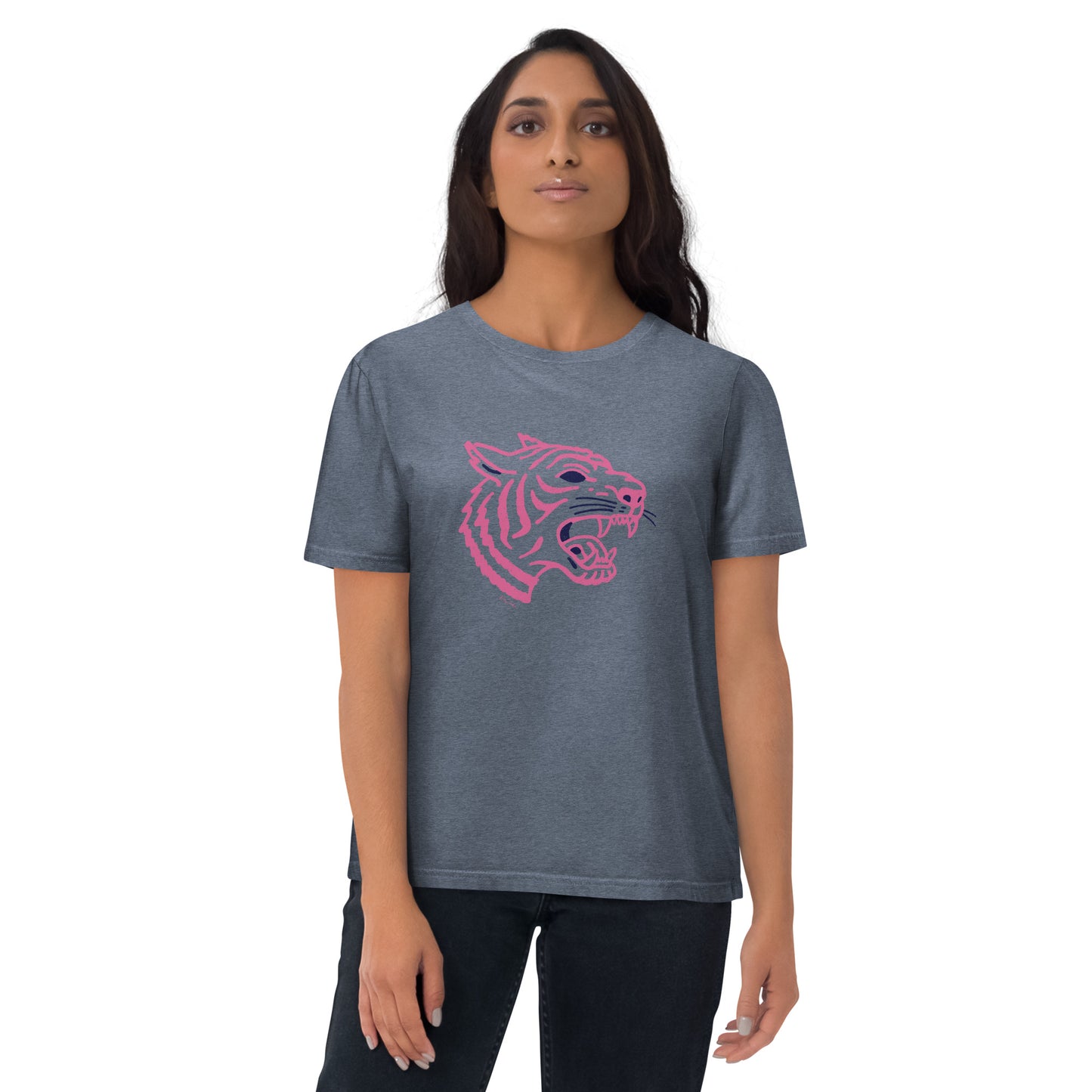 T-shirt en coton biologique - Imprimé de tête de tigre rose
