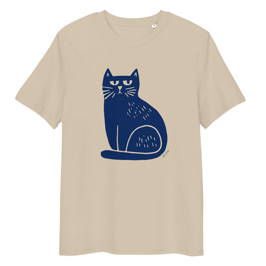 Camiseta de algodón orgánico – Ilustración minimalista de gato azul marino
