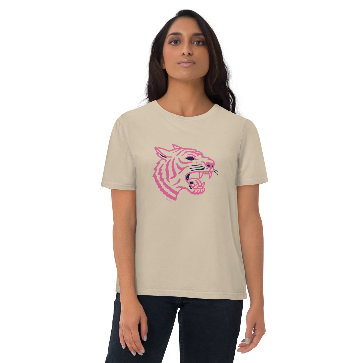 T-shirt en coton biologique - Imprimé de tête de tigre rose