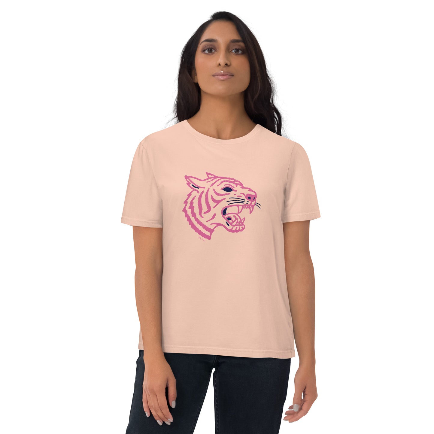 T-shirt en coton biologique - Imprimé de tête de tigre rose