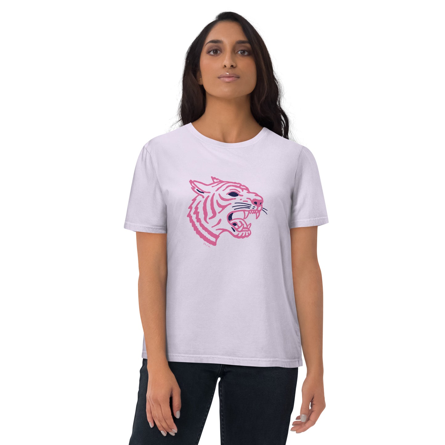 T-shirt en coton biologique - Imprimé de tête de tigre rose