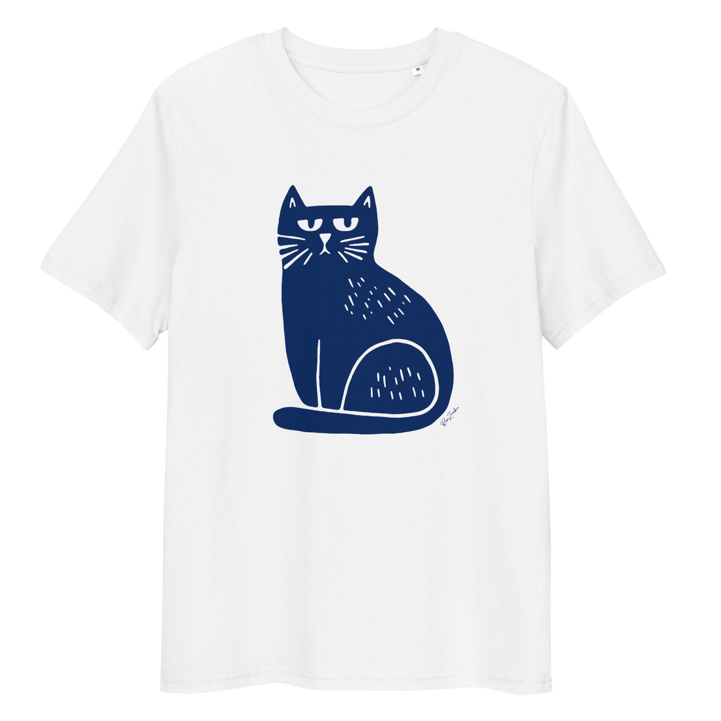 T-shirt en coton bio – Illustration chat minimaliste bleu marine
