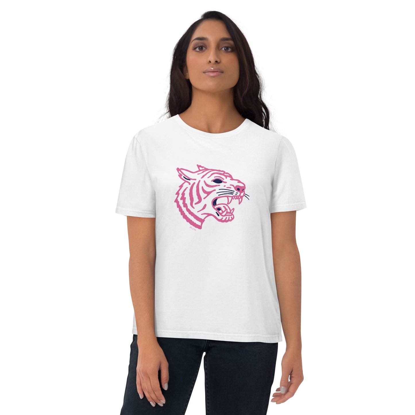 T-shirt en coton biologique - Imprimé de tête de tigre rose