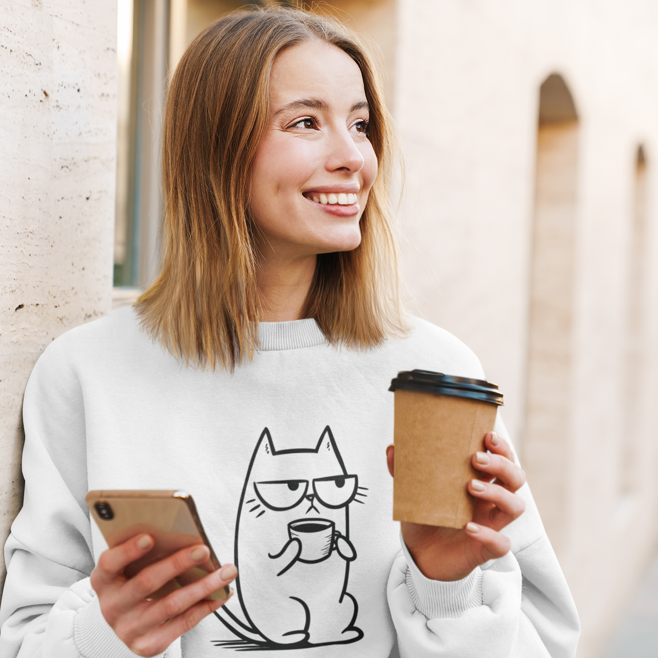 Pull prérétréci écoresponsable – Chat blasé et tasse de café