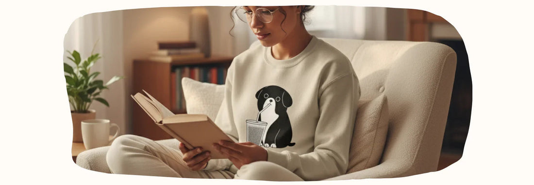 Femme lisant dans un fauteuil, portant un sweat streetwear beige à motif chien, déco cosy.