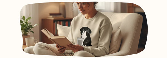 Femme lisant dans un fauteuil, portant un sweat streetwear beige à motif chien, déco cosy.