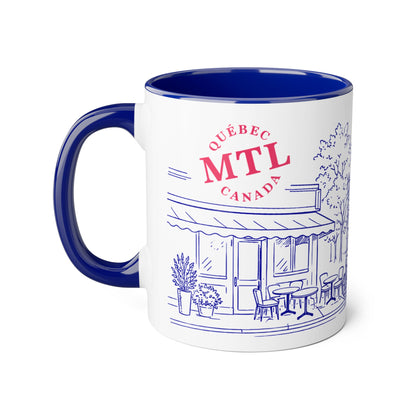Tasse Montréal 2 tons bleu cobalt et roug — Illustration café terrasse