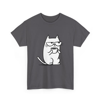 Sustainable Cotton T-Shirt - Sarcastic Cat with Mug