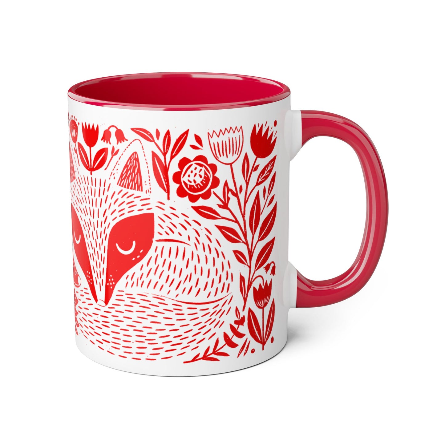 Tasse bicolore — Deux renards endormis linocut rouge vif