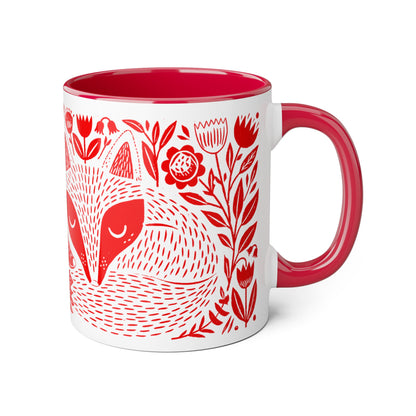 Tasse bicolore — Deux renards endormis linocut rouge vif