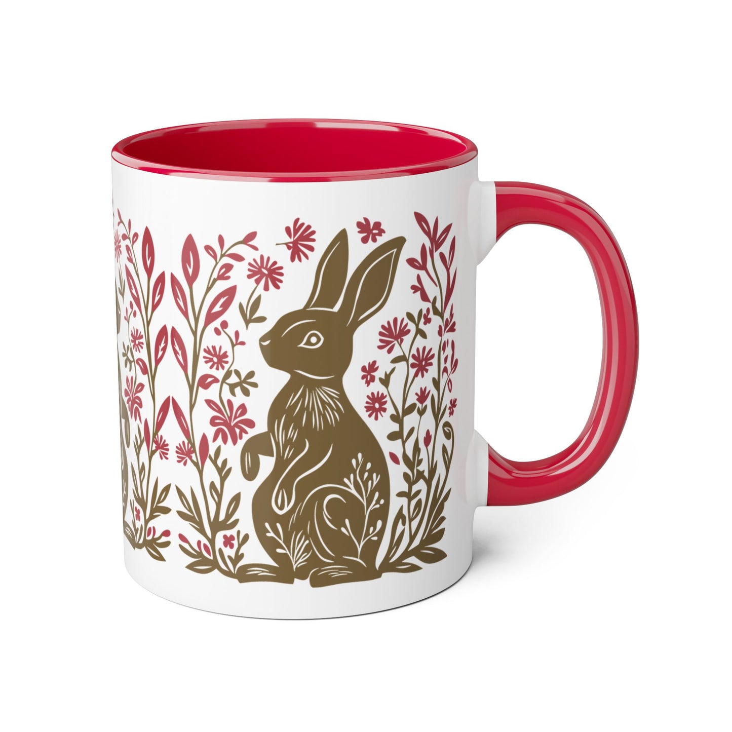 Tasse bicolore — Lapin folk art kaki et fleurs rouge framboise
