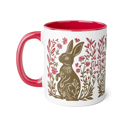 Tasse bicolore — Lapin folk art kaki et fleurs rouge framboise